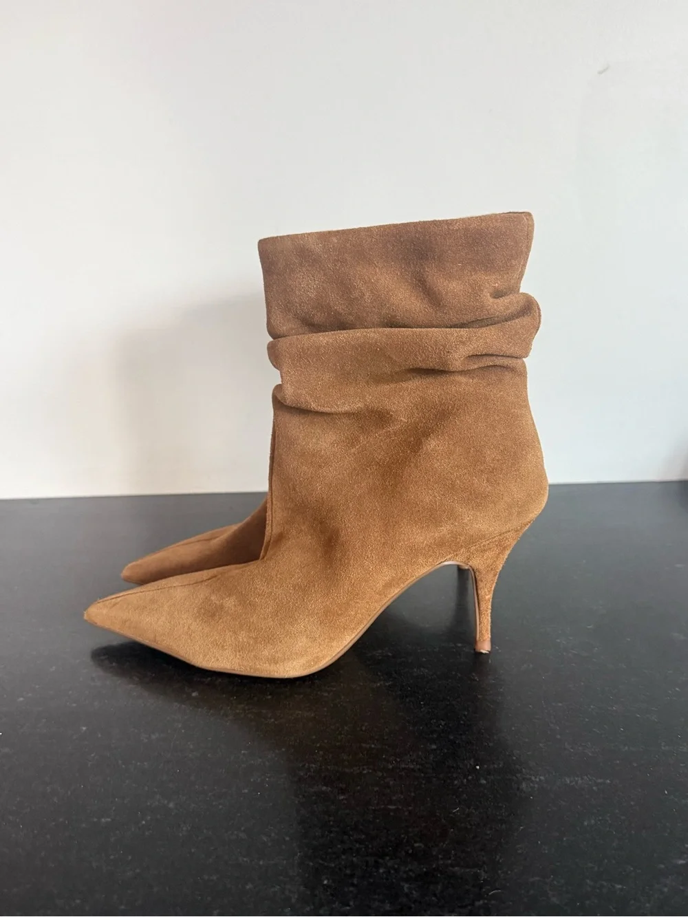 $169 Brian Atwood x Express Suede Slouch Thin Heeled Boots – Cognac Size 6